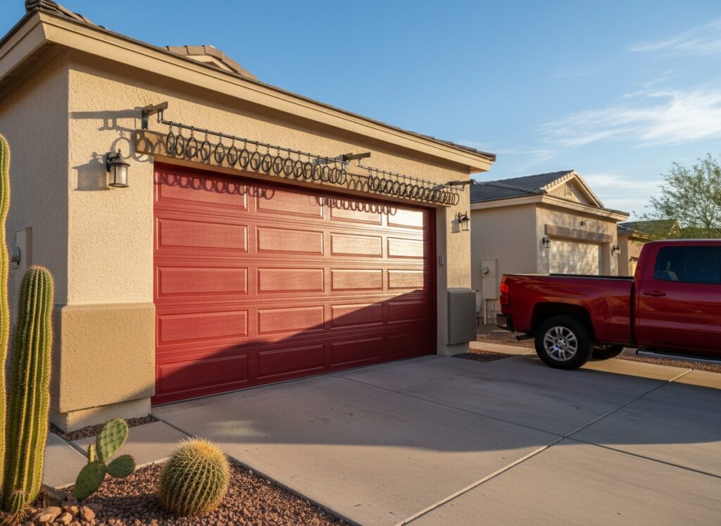 Don't Ignore That Loud Snapping Noise From Your Garage Door — Here's What It Means and What to Do Next A bold red two-car garage door on a tan stucco home in a desert landscape with cacti and a red truck parked in the driveway.