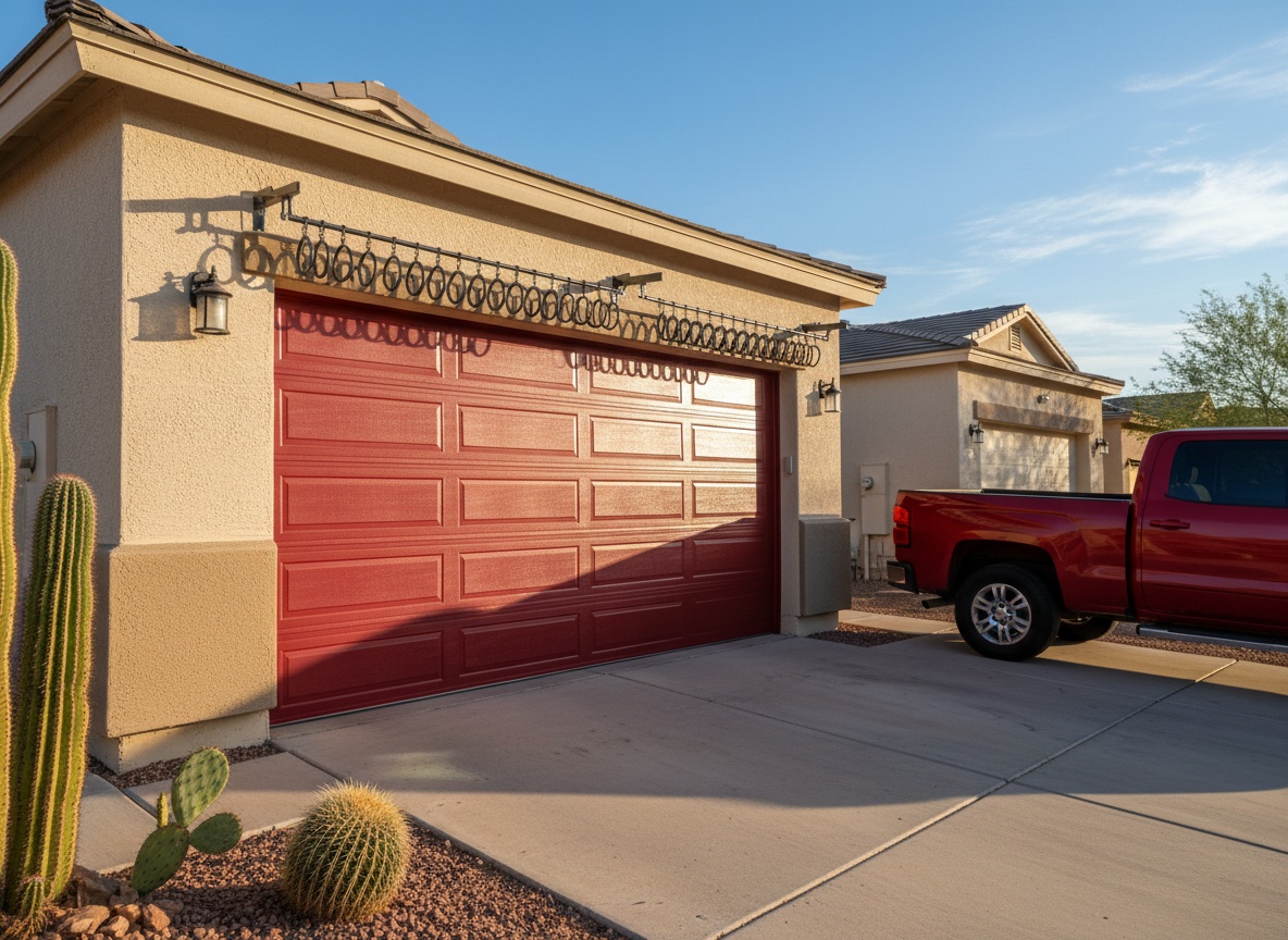 A bold red two-car garage door on a tan stucco home in a desert landscape with cacti and a red truck parked in the driveway.