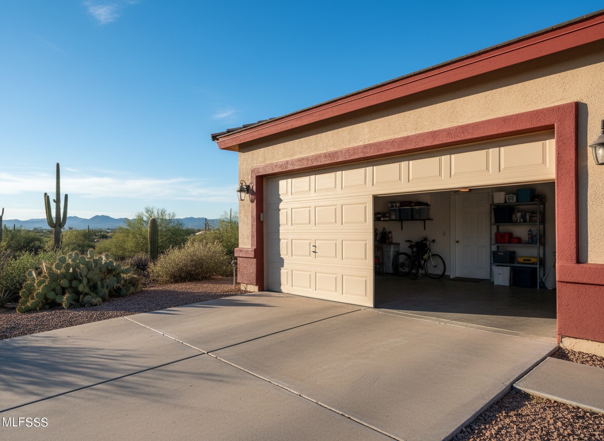 What It Means When Your Garage Door Gets Stuck Halfway — And Why Ignoring It Could Cost You More Later A wide concrete driveway leads to an open two-car garage on a tan stucco home surrounded by desert landscape with saguaro cacti and mountain views.