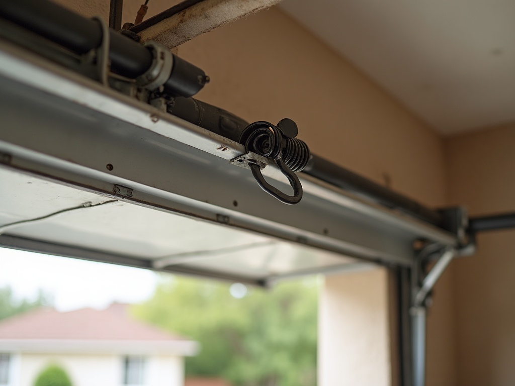 Broken torsion spring with a visible coil gap on a residential garage door, the most common cause requiring garage door repair near me