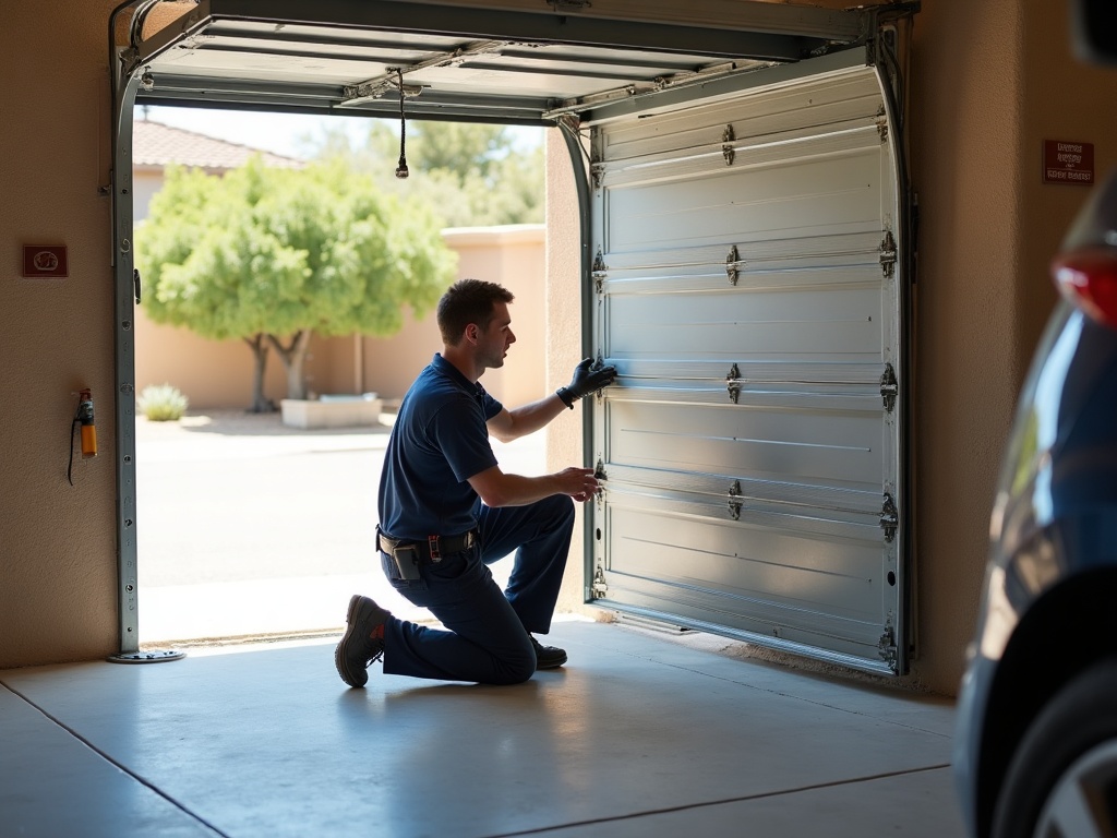 A garage door technician inspecting a cable and roller assembly during a garage door repair near me service call at a Phoenix-area home