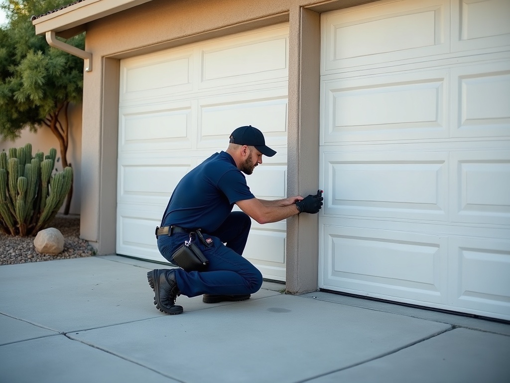 A technician performing garage door maintenance near me work by inspecting the cable and drum assembly on a white residential garage door in the Phoenix metro area