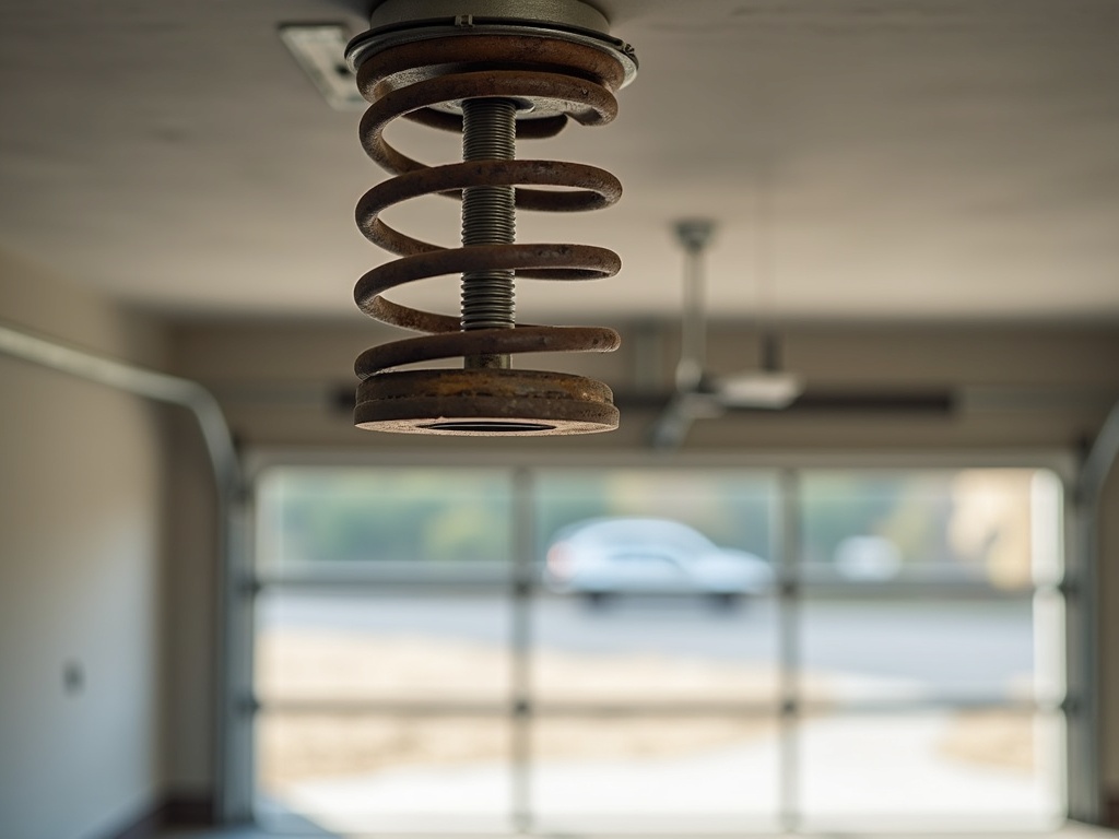 A damaged torsion spring on a residential garage door, the kind of component our garage door maintenance near me team inspects to prevent uneven door movement