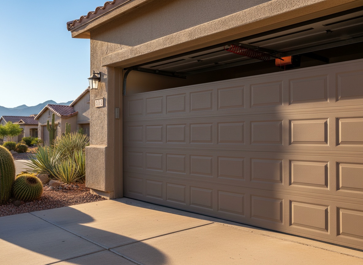 A tan raised-panel garage door partially open on a stucco desert home with cacti and mountain views in the background.