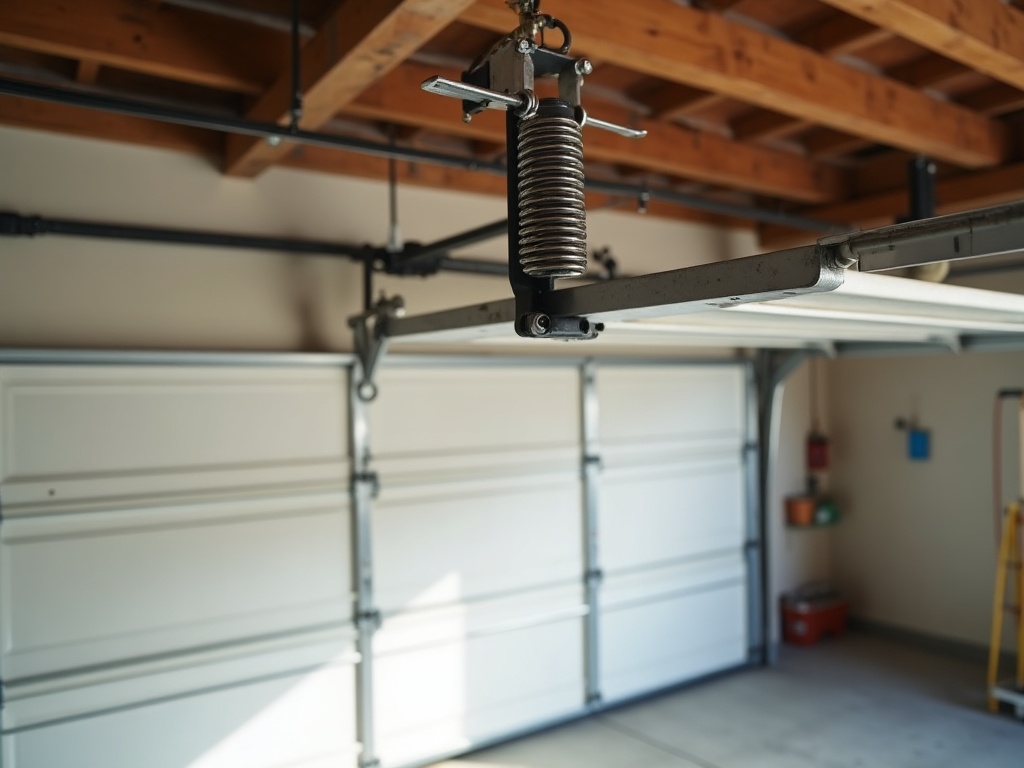 A broken torsion spring above a residential garage door showing a visible coil gap, a common mechanical reason homeowners need garage door repair scottsdale
