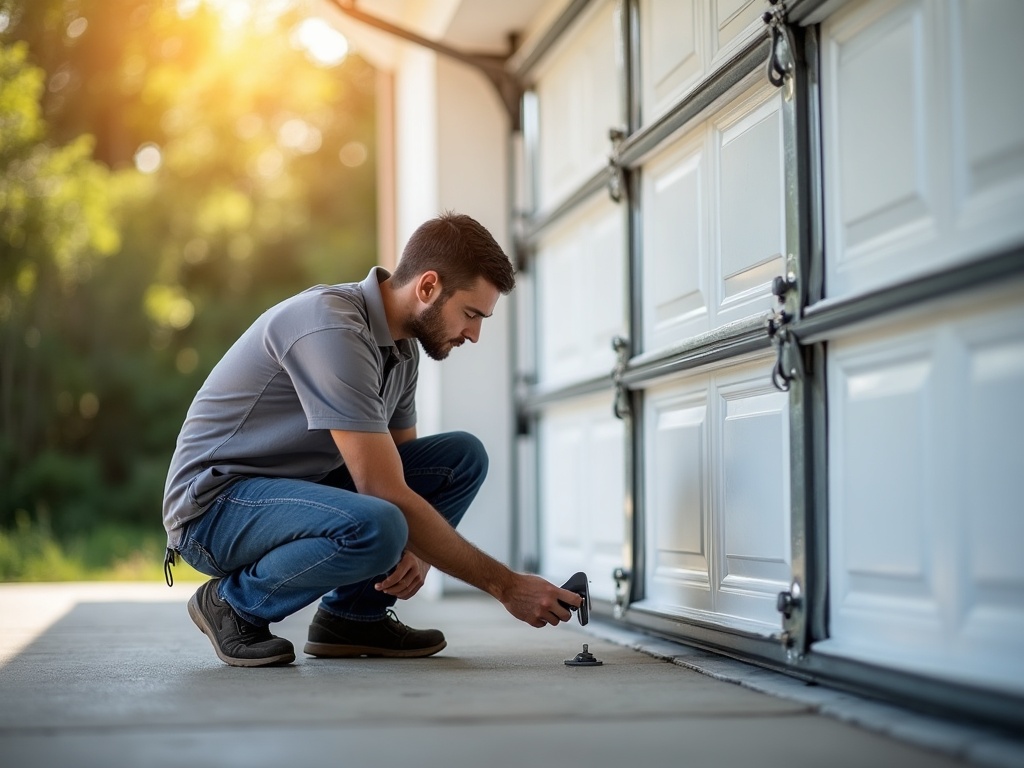 A technician inspecting a photo-eye sensor at the base of a residential garage door as part of a garage door repair scottsdale diagnostic visit