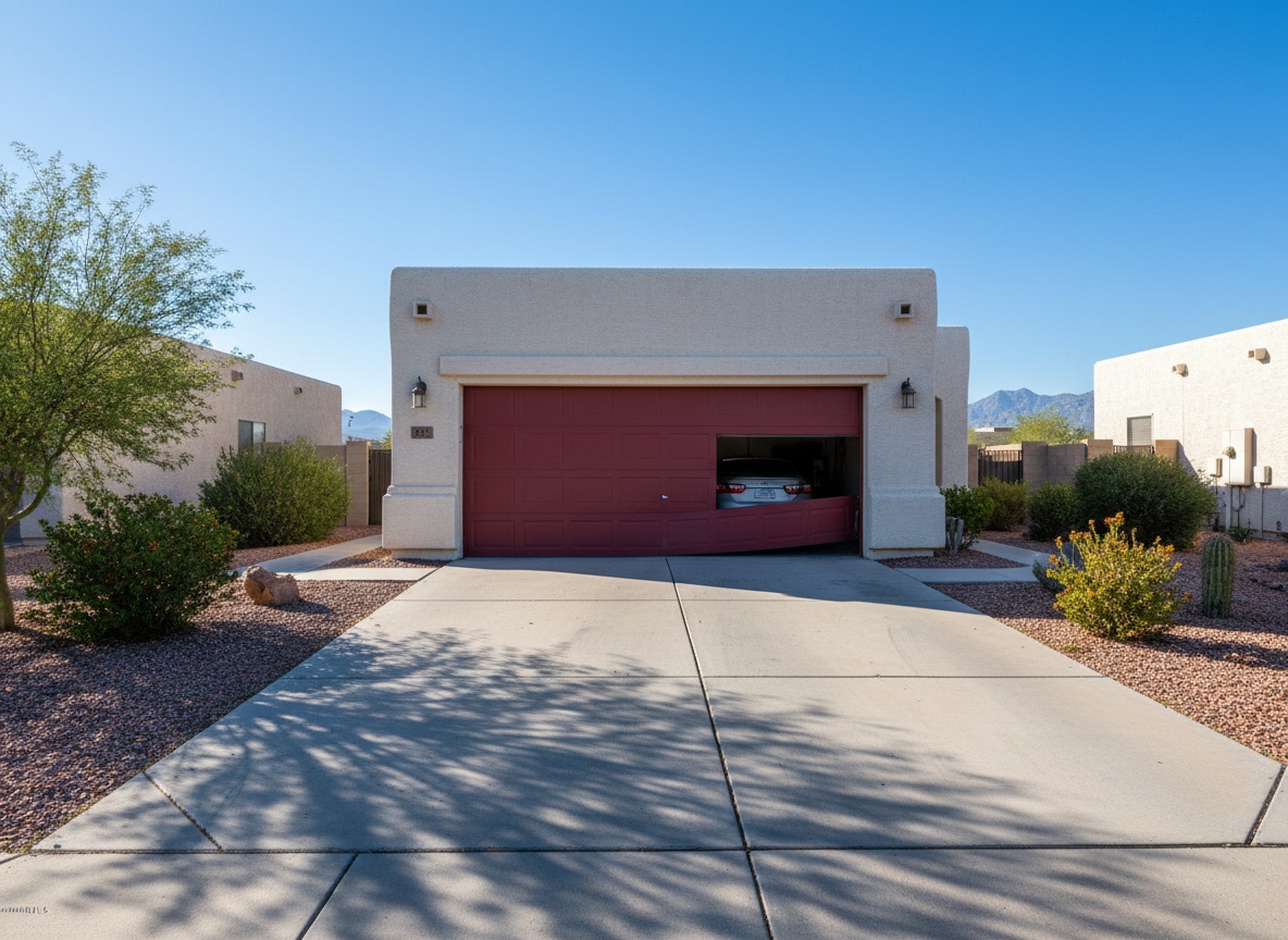 The Real Reason Your Garage Door Opens Then Reverses — And What to Do Next A Southwest-style stucco home with a bold red garage door, desert landscaping, and mountain views in the background.