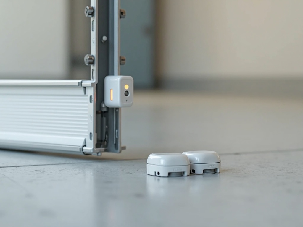 Close-up of misaligned garage door safety sensors on a track — a leading cause that prompts homeowners to search for garage door repair near me