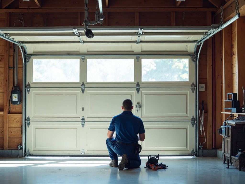 A garage door technician inspecting a torsion spring assembly during a garage door repair near me service call at a residential home