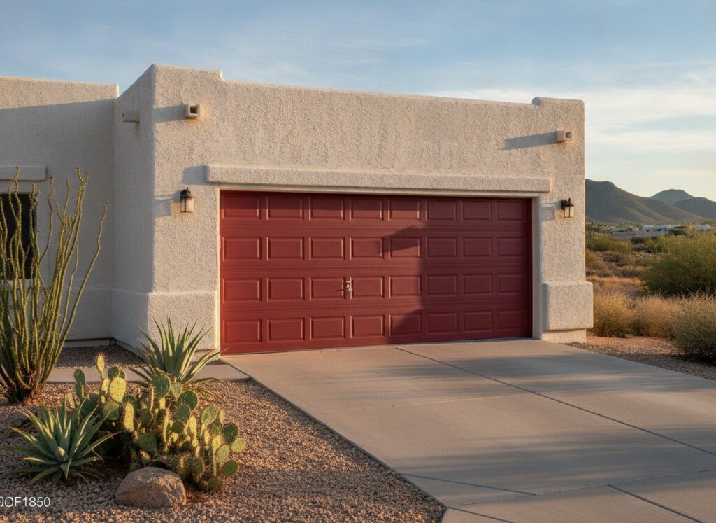 A bold red raised-panel garage door on a stucco southwest-style home surrounded by desert landscaping including cacti and gravel.