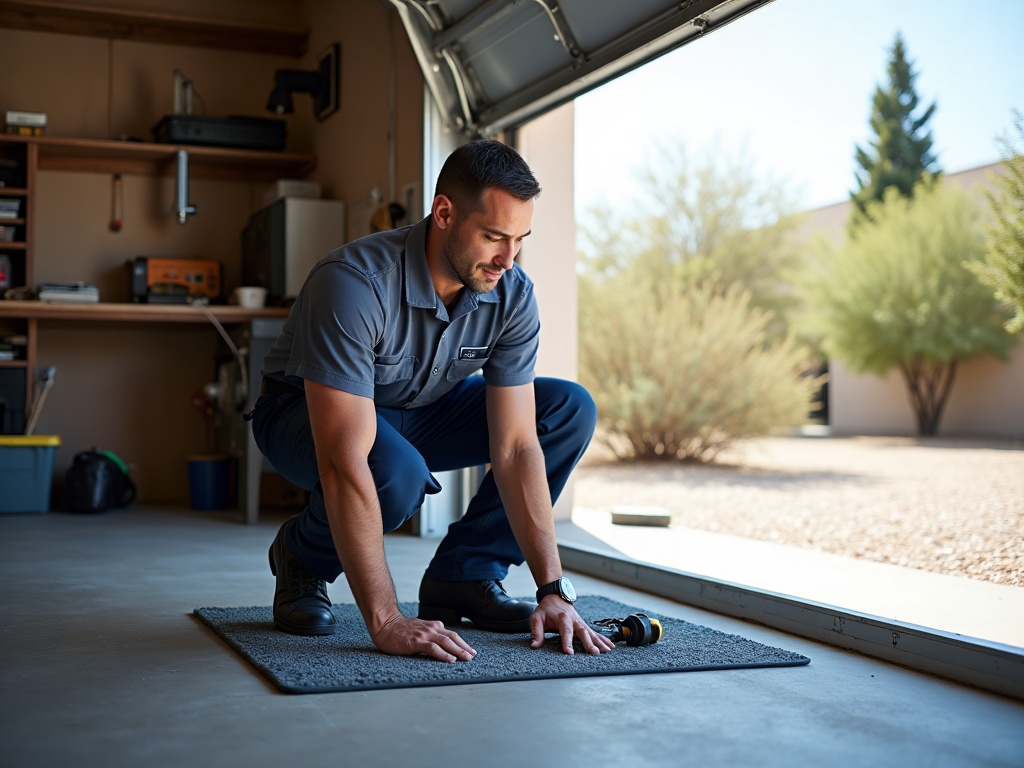 A technician inspecting garage door springs and cables during a garage door service near me visit at a home in the Phoenix metropolitan area