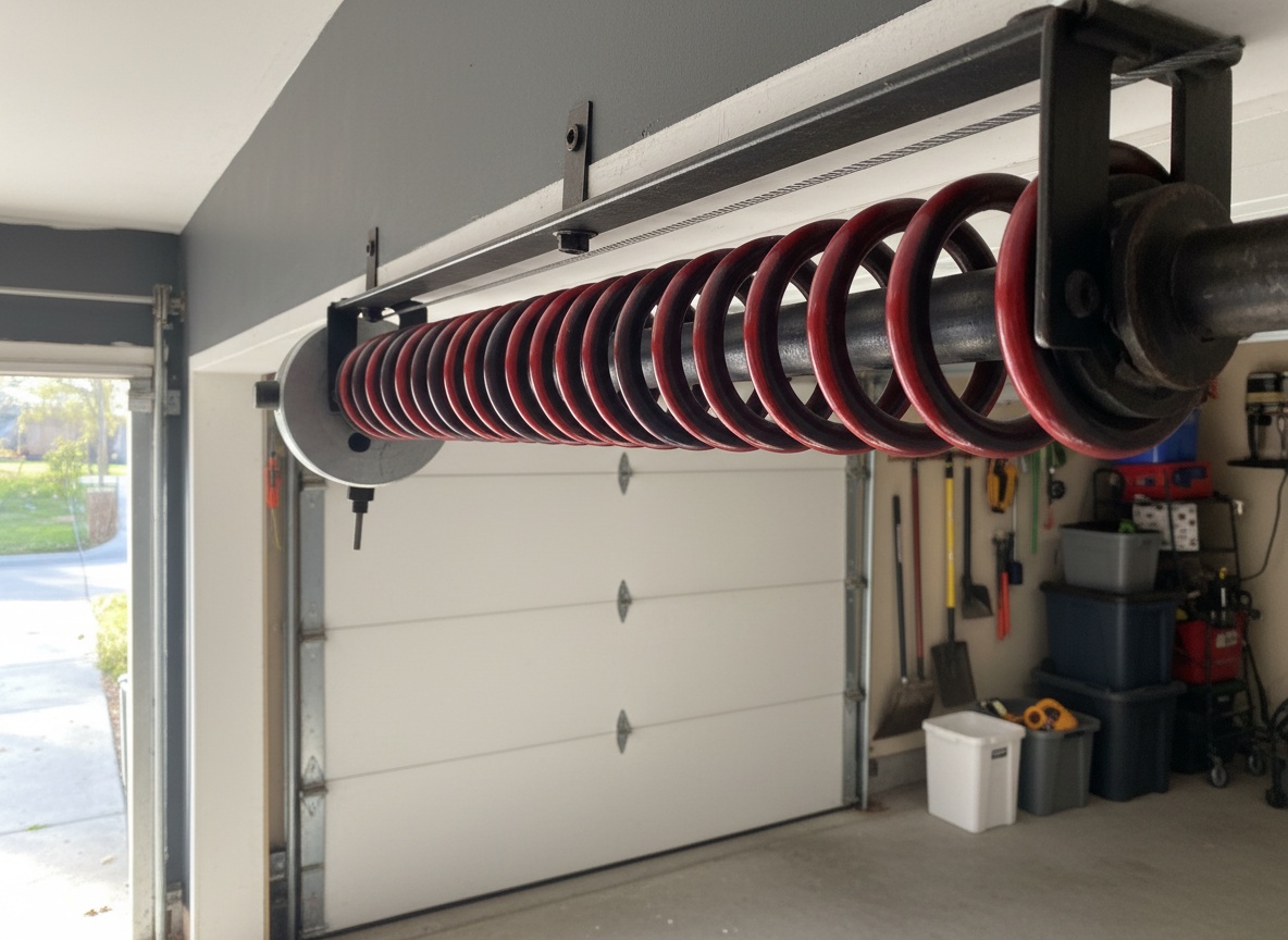 A professionally installed red torsion spring system mounted on a metal shaft above a white sectional garage door inside a residential garage.