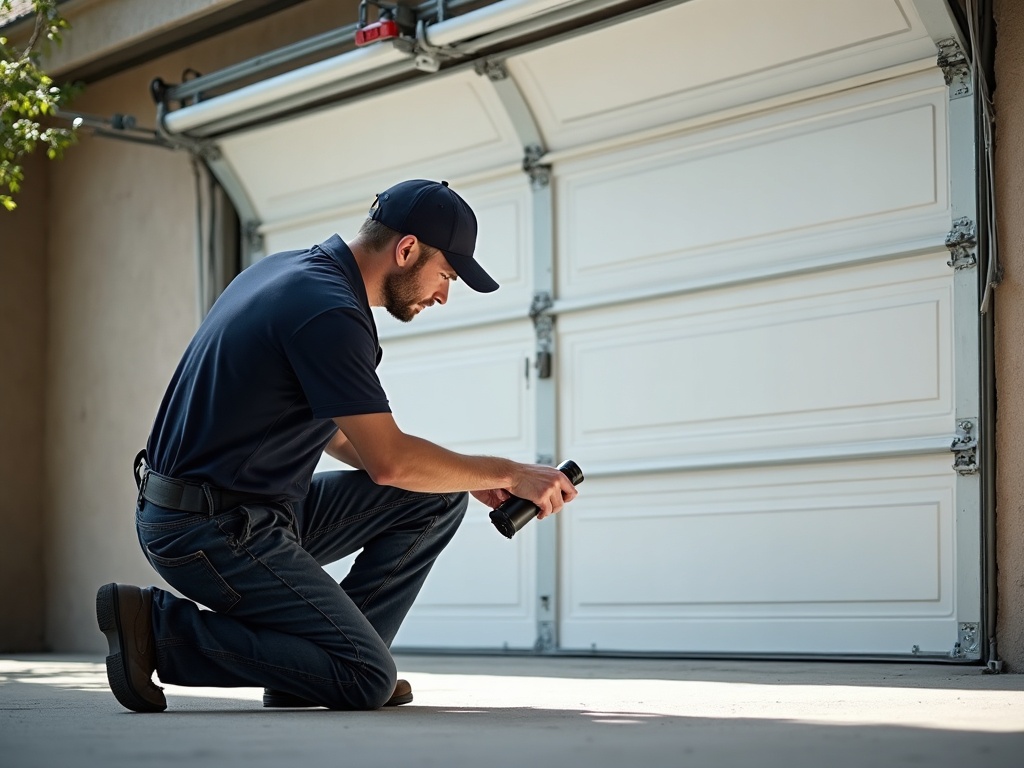 What It Means When Your Garage Door Feels Unusually Heavy — And How to Stop It From Getting Worse A garage door technician examining the track and roller hardware of a white sectional door — part of a thorough garage door spring repair and balance inspection.