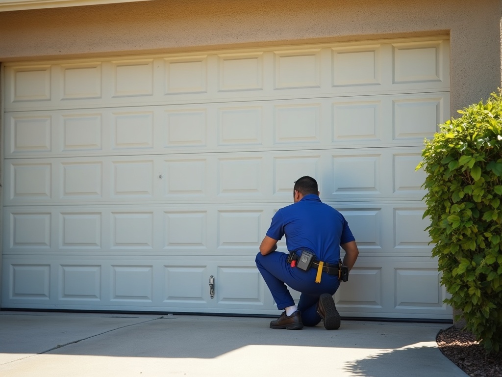 A garage door technician inspecting track alignment as part of a garage door maintenance near me service call at a Phoenix-area home