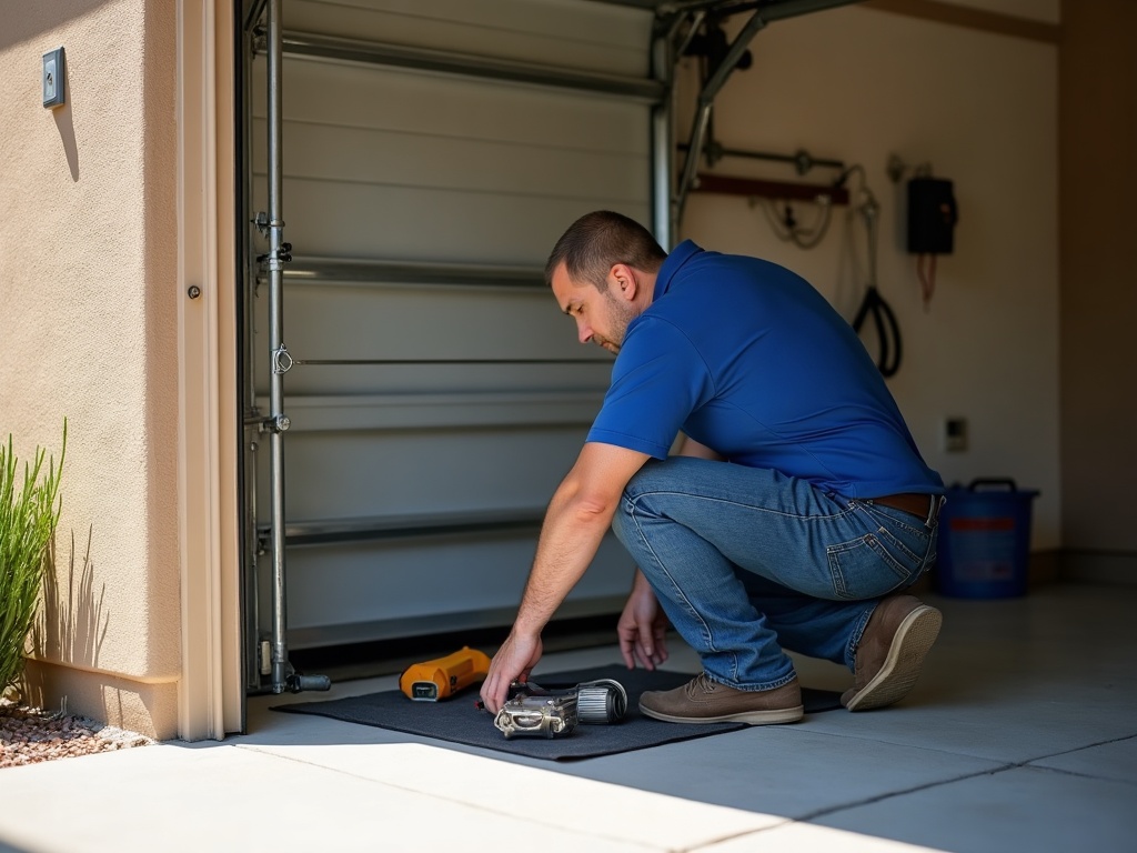 A garage door technician performing a garage door upgrade inspection on a desert home's spring system in bright afternoon sunlight