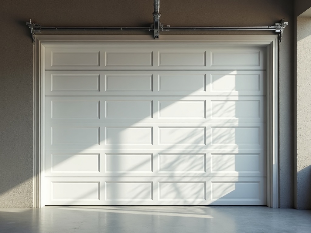 Interior view of a completed garage door upgrade showing a modern white panel door freshly installed in a clean residential garage