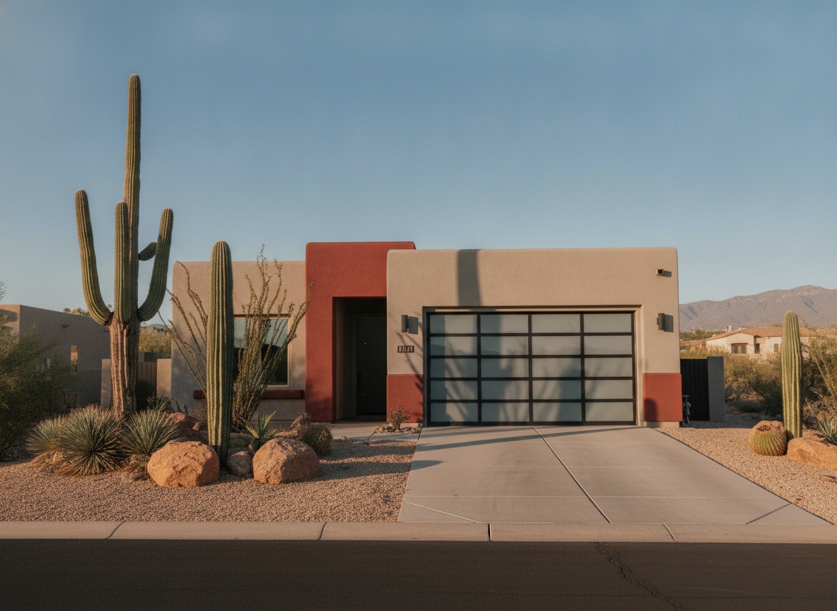 A contemporary single-story desert home featuring a glass panel garage door with metal framing, surrounded by saguaro cacti and desert landscaping under a clear blue sky.