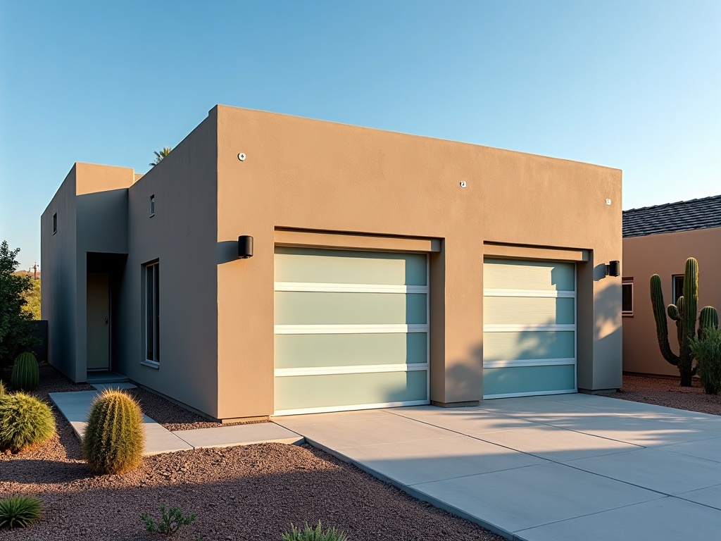 A freshly installed garage door upgrade on a modern Arizona home with clean architectural lines and desert landscaping in the foreground