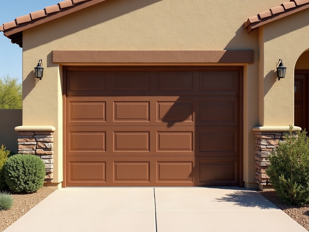 Close-up view of an insulated steel garage door upgrade panel with a wood-grain finish on a home in a desert Southwest neighborhood
