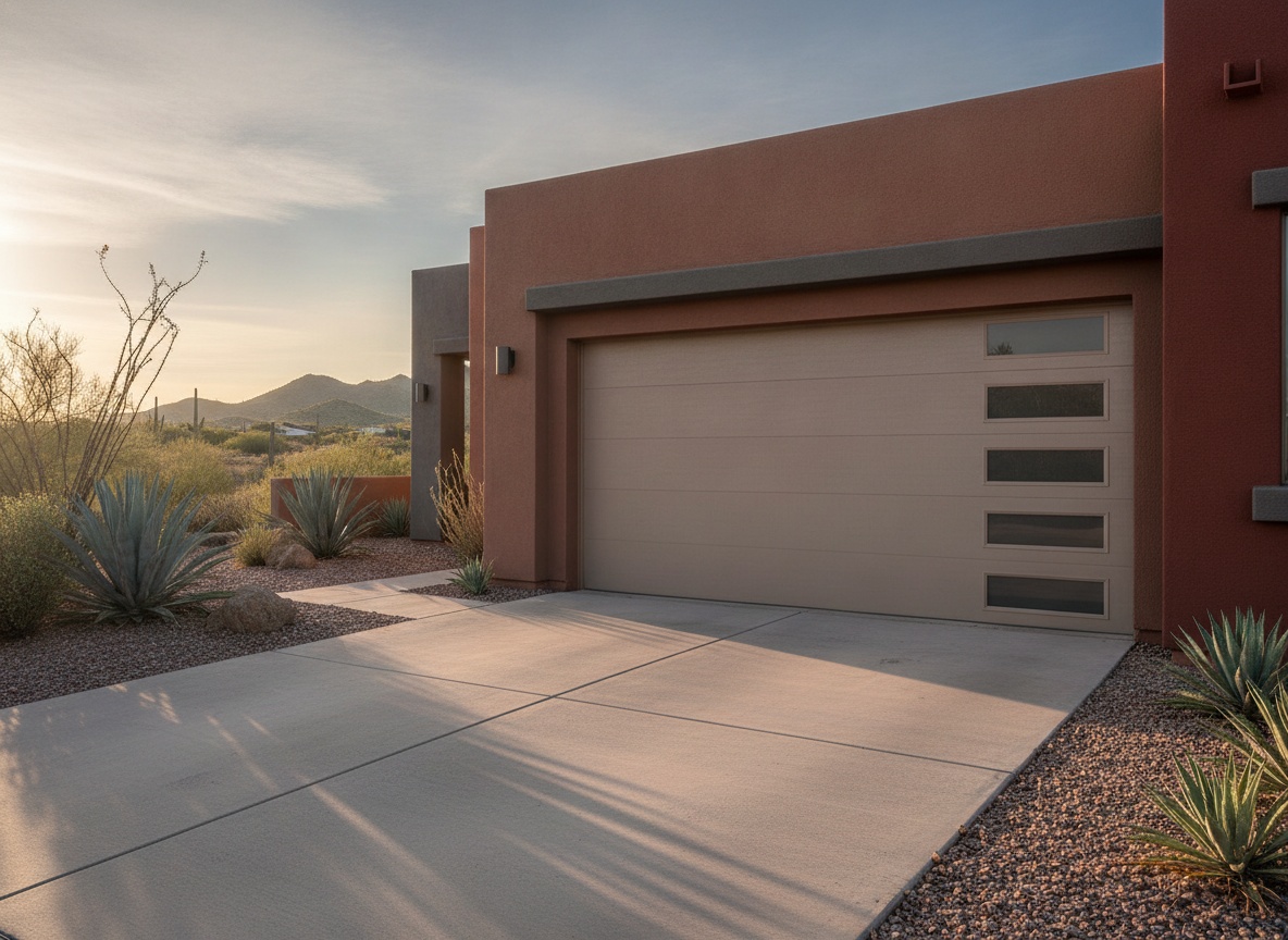 A contemporary beige garage door with vertical glass panel accents installed on a terracotta stucco home surrounded by desert landscaping at sunset.