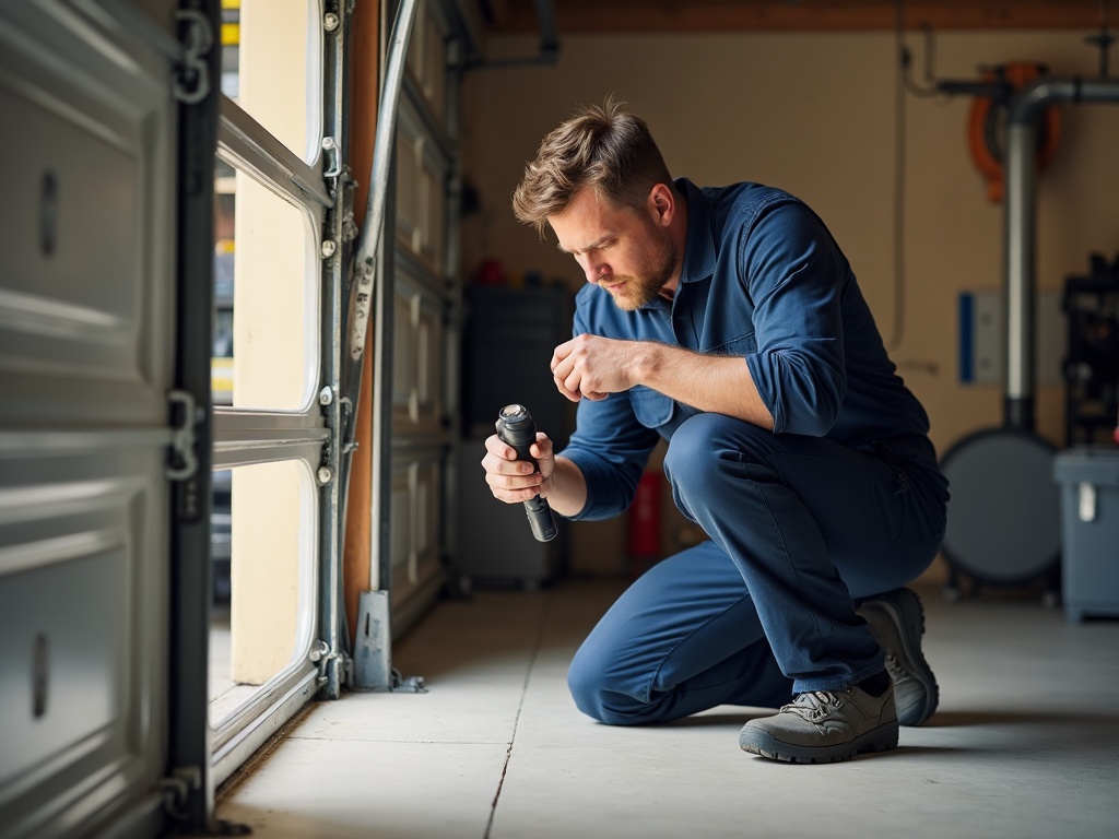 Garage Door Noise Problems Explained — Without Overcomplicating It A garage door technician inspecting rollers and track hardware as part of a garage door safety and routine maintenance visit at a Phoenix-area home