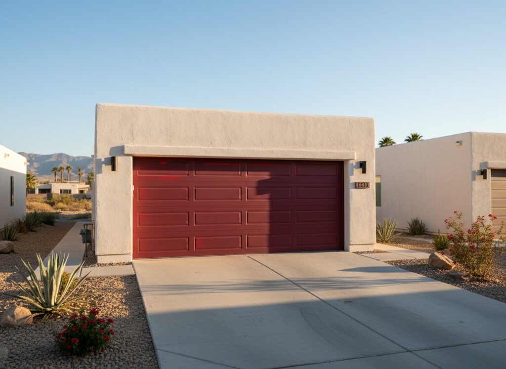 A bold red horizontal-panel garage door on a modern stucco home with desert landscaping and mountain views in the background.