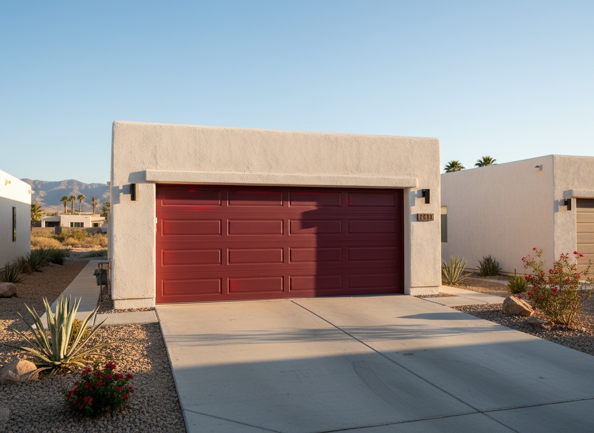 Choosing the Right Garage Door Material: What Experts Actually Recommend A bold red horizontal-panel garage door on a modern stucco home with desert landscaping and mountain views in the background.