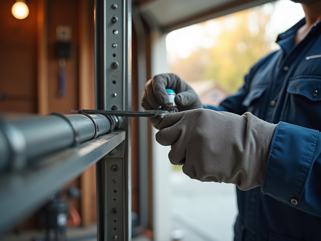Close-up of a technician performing garage door maintenance by lubricating the torsion spring and roller bracket on a residential steel garage door in a desert home garage