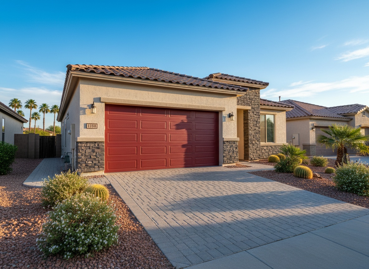 A single-story stucco home with a bold red two-car garage door, decorative stone accents, and desert landscaping in a sunny suburban neighborhood.