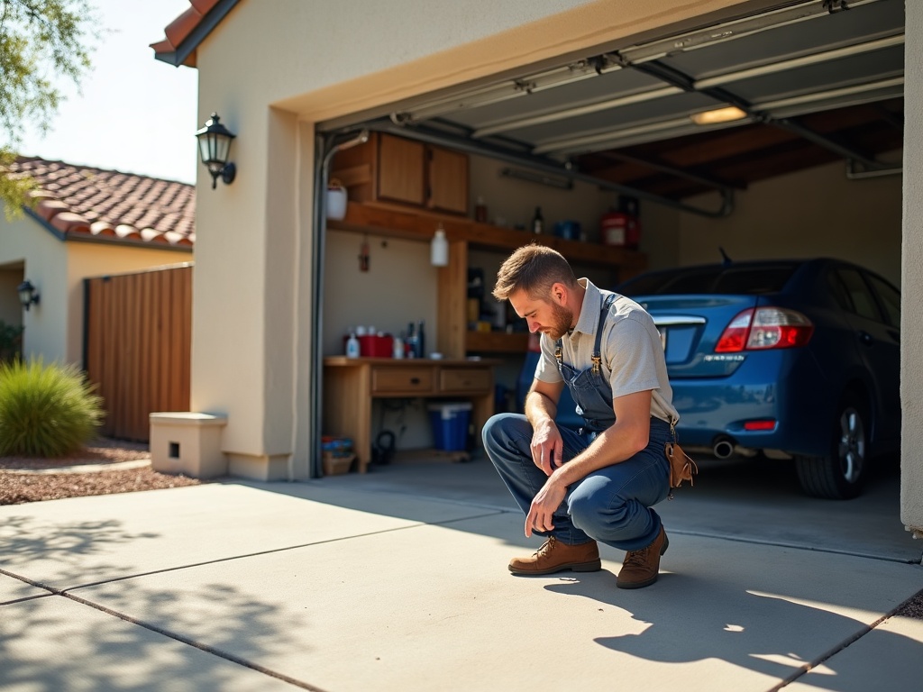 A professional technician performing garage door maintenance by inspecting the spring and track hardware on a residential steel garage door