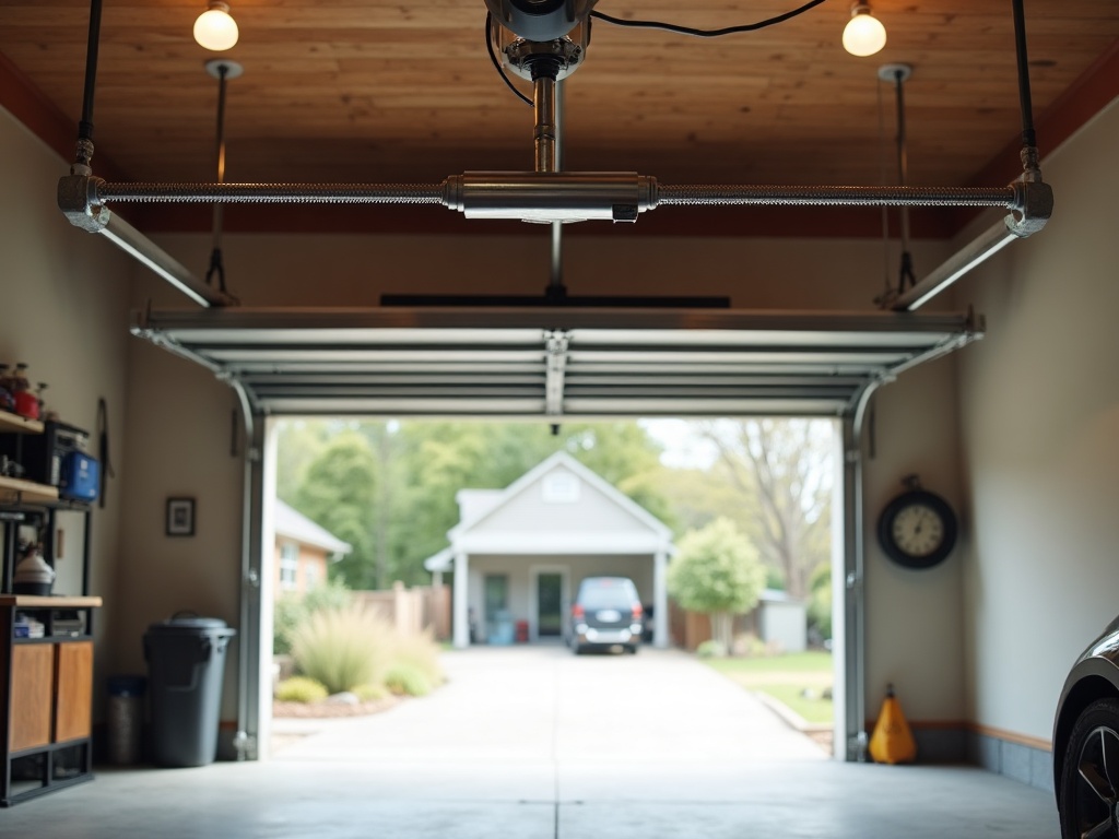 Close-up of torsion spring and cable hardware from a professional garage door installation showing the mechanical components properly tensioned and aligned