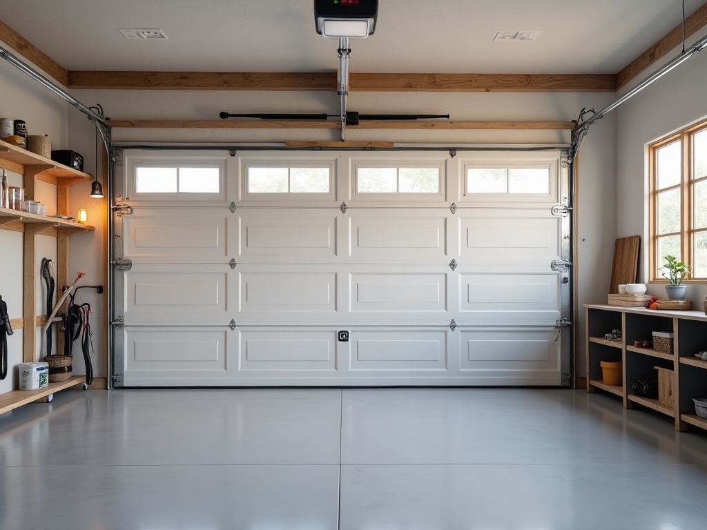 Interior of a residential garage after a garage door installation showing a new insulated door in the closed position with clean organized space and modern lighting
