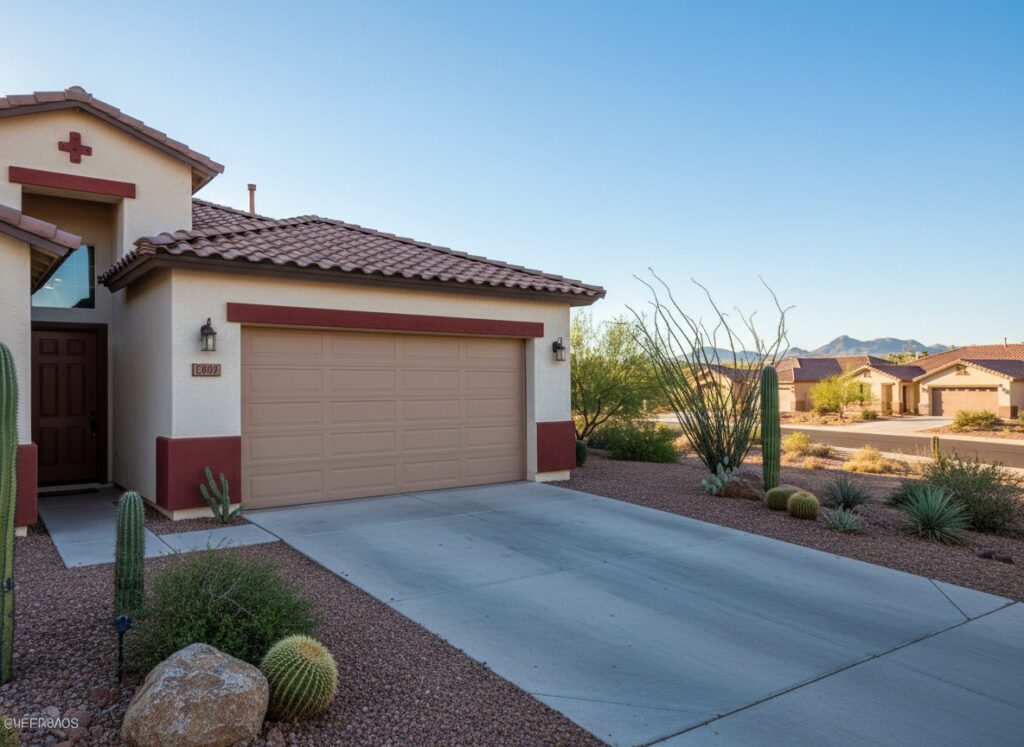 Choosing the Right Garage Door Material: What You Should Know Before You Decide A tan single-car garage door on a stucco Southwest-style home surrounded by desert landscaping including cacti and gravel.