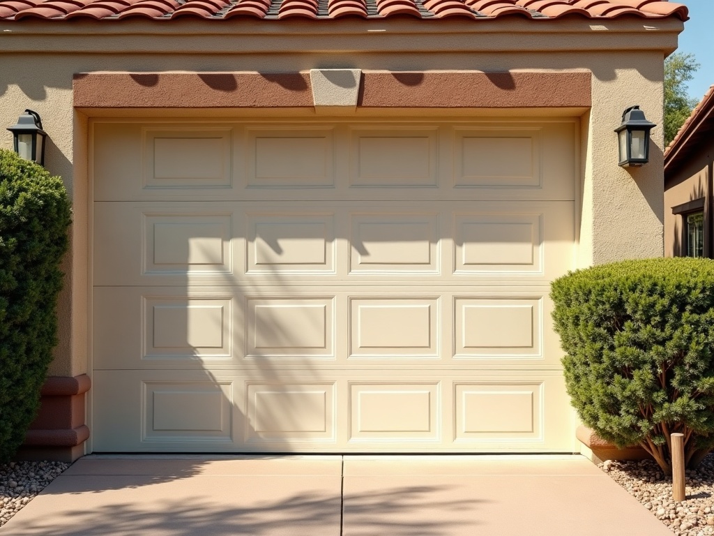 Choosing the Right Garage Door Material: What You Should Know Before You Decide Close-up of an insulated steel garage door panel in an Arizona driveway, the type assessed during a professional garage door inspection for material condition and wear