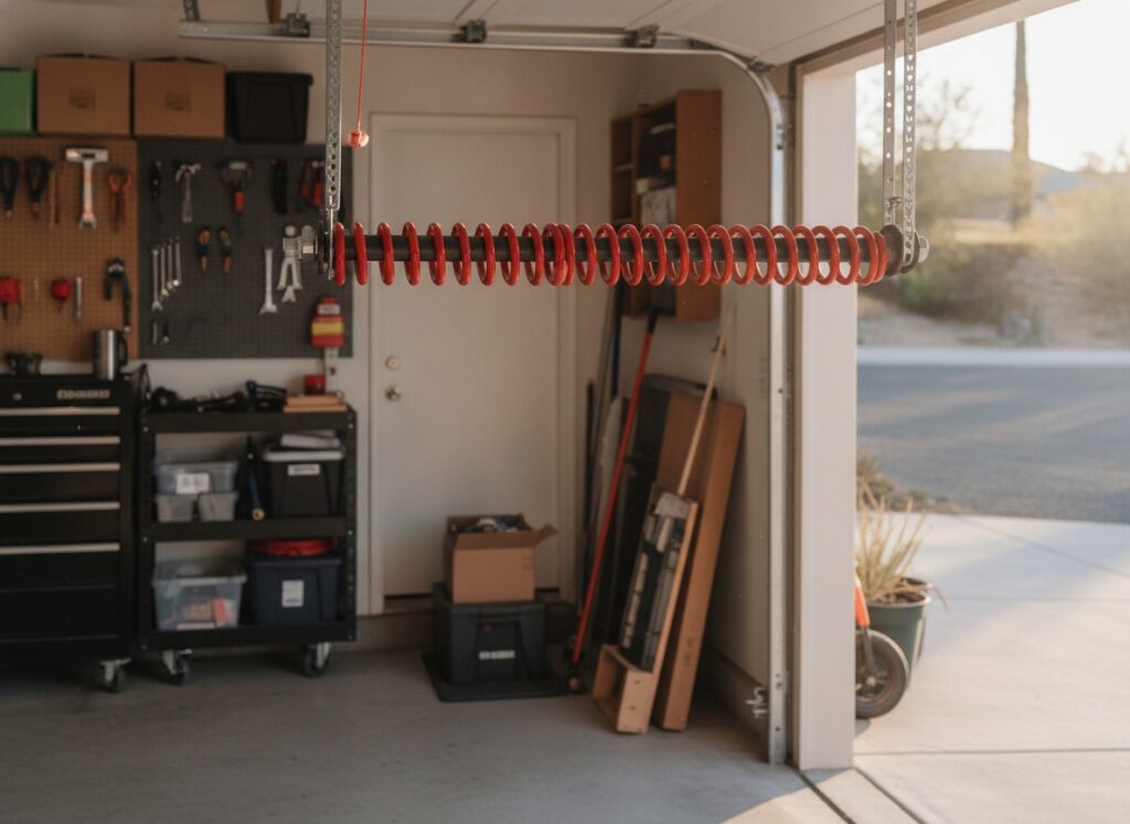 A clean residential garage interior showing a red torsion spring mounted above an open garage door, with an organized tool wall, rolling tool chest, and stacked lumber visible.