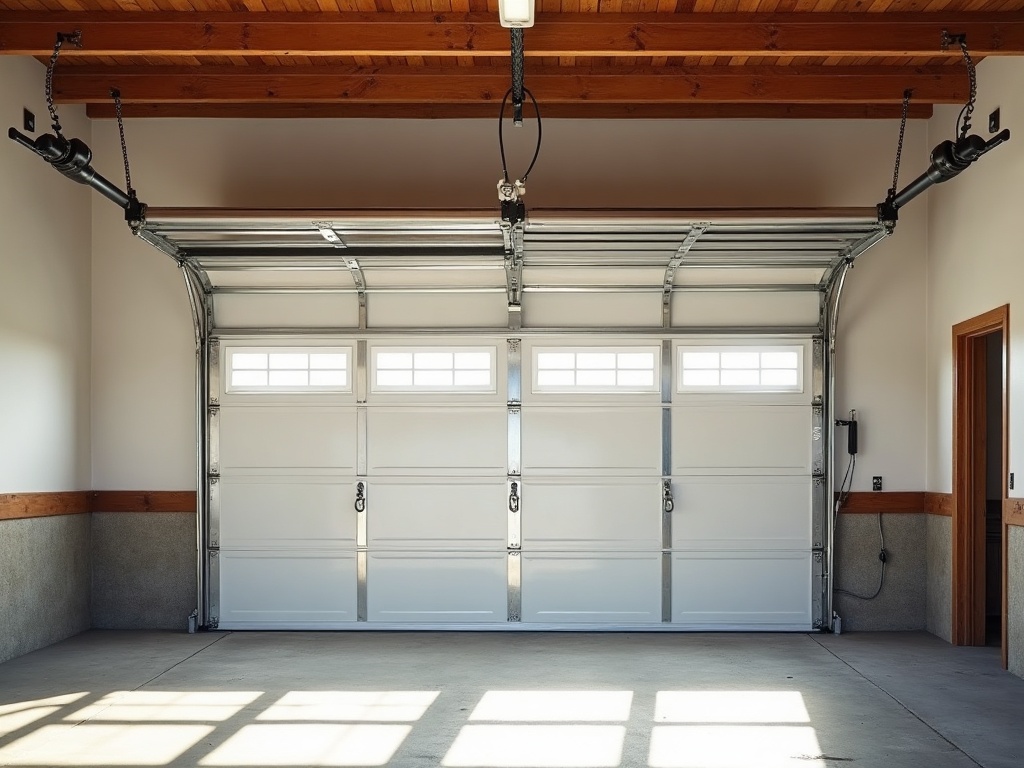 Wide interior view of a residential garage showing the torsion spring system — a key focus area during any garage door repair inspection