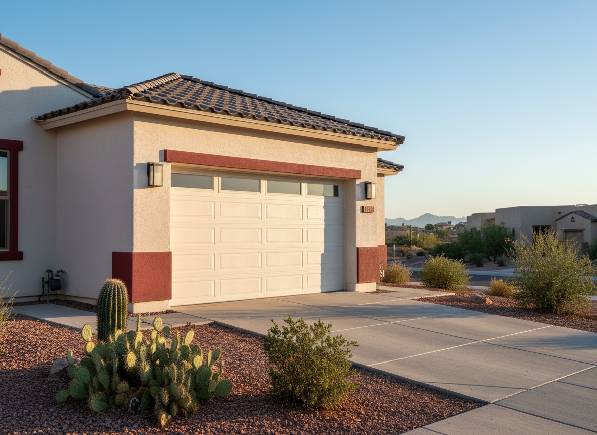 Garage Door Noise Problems Explained: What Those Sounds Are Telling You A white paneled garage door on a tan stucco home with a tile roof, surrounded by desert landscaping including cacti and gravel.