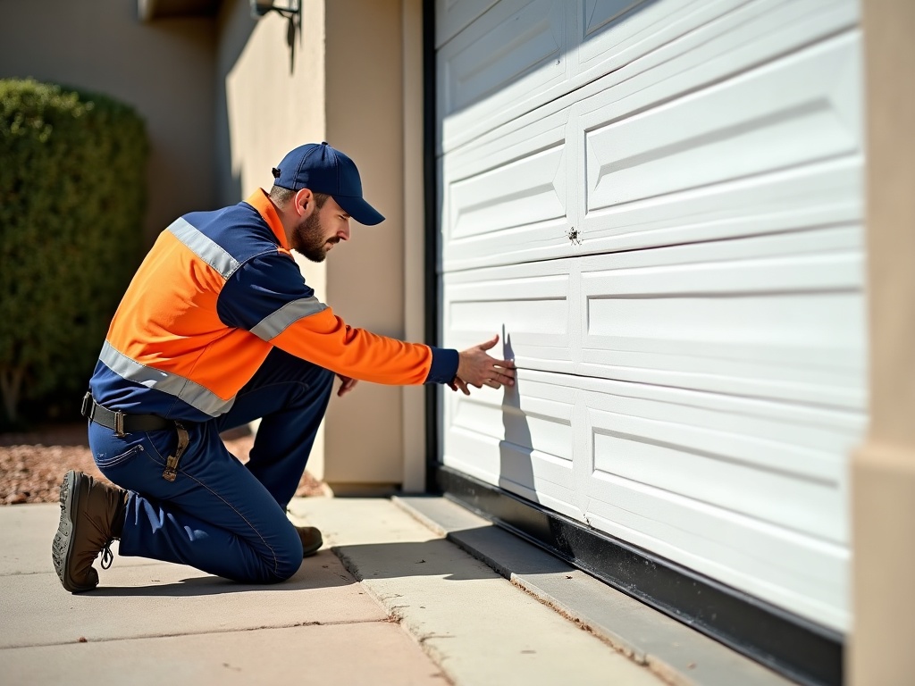 Garage Door Noise Problems Explained: What Those Sounds Are Telling You A garage door technician inspecting track hardware as part of a professional garage door upgrade and tuneup service at a Phoenix metro home