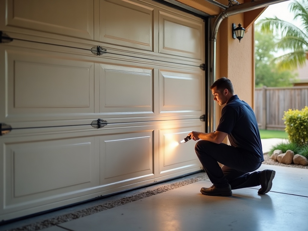 Garage Door Lifespan Expectations: What Every <span class="av_sa_city">Scottsdale, AZ</span> Homeowner Should Know Garage door technician inspecting the roller and track assembly during a professional garage door repair visit at a Phoenix area home