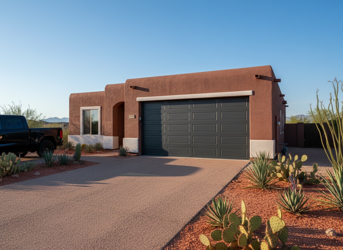 How Weather Impacts Your Garage Door (Without Overcomplicating It) A southwestern-style stucco home with a large modern gray sectional garage door surrounded by desert landscaping including cacti and gravel.