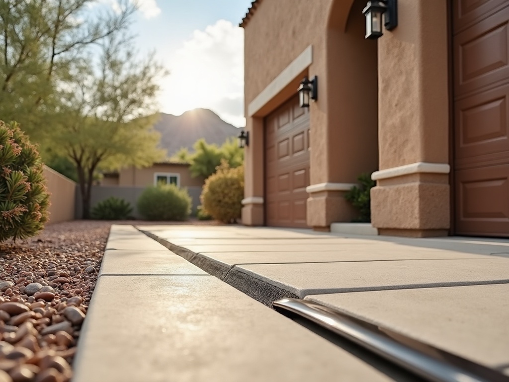 Rubber weather seal at the base of a residential garage door, an often overlooked detail in quality garage door installation for desert climates