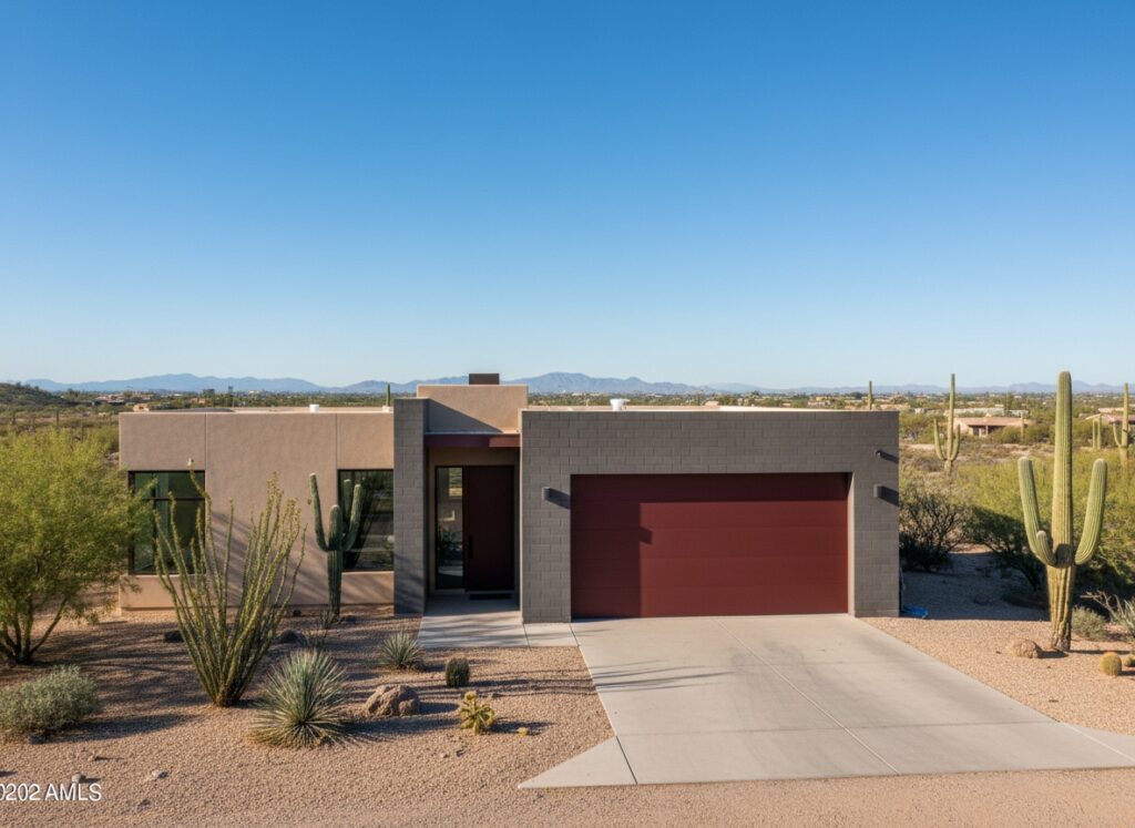 A contemporary single-story desert home with a bold red garage door, stucco exterior, and saguaro cacti in a sunny southwestern landscape.