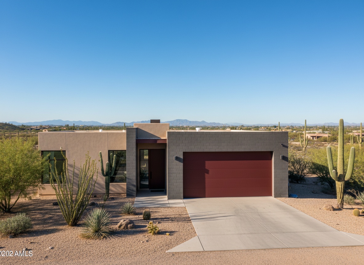 How Weather Impacts Your Garage Door — And What to Do About It A contemporary single-story desert home with a bold red garage door, stucco exterior, and saguaro cacti in a sunny southwestern landscape.