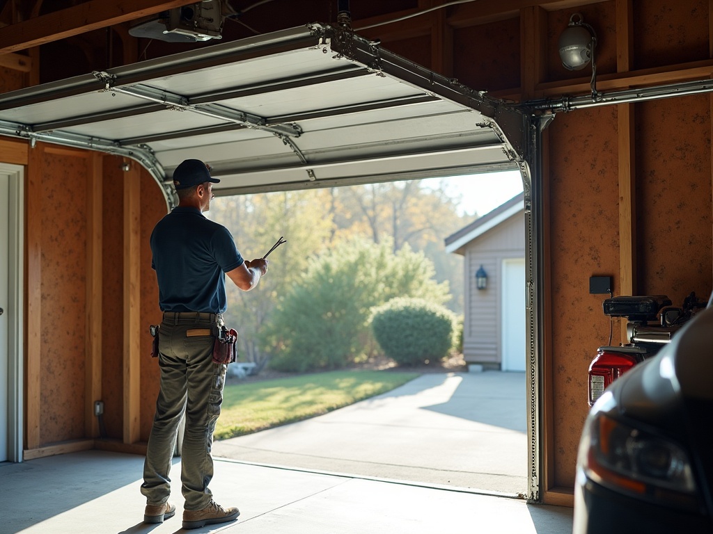Technician inspecting the torsion spring and track of a garage door installation inside a Phoenix metro residential garage during a maintenance visit