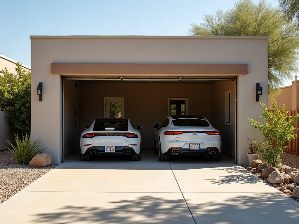 Garage Door Upgrades That Are Actually Worth It — And Could Save You Real Money Wide view of a smooth-operating residential garage after a completed garage door service visit, showing a bright open door and clean desert driveway