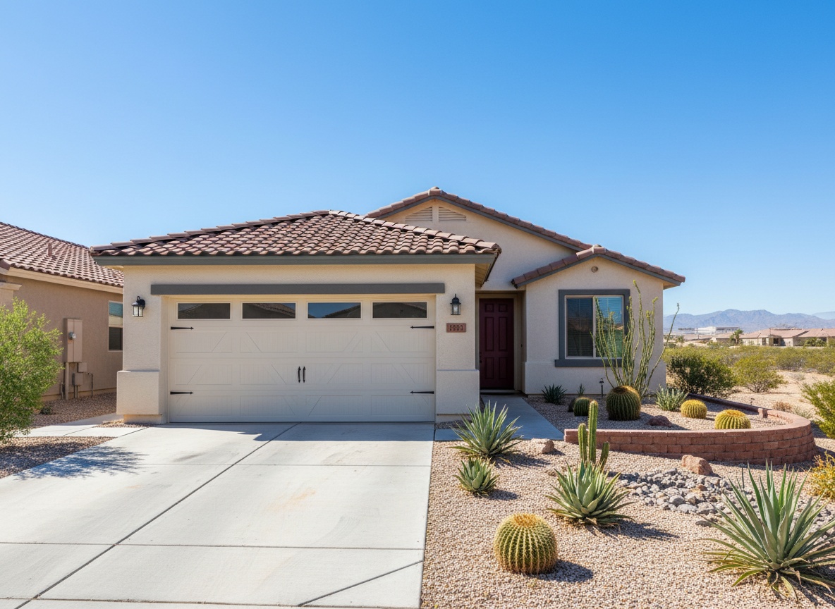Choosing the Right Garage Door Material — And How to Avoid the Problems That Come With the Wrong One A tan stucco single-story ranch home with a white two-car garage door, red tile roof, and desert landscaping including cactus and gravel in a sunny Arizona neighborhood.