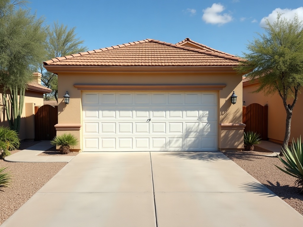 Choosing the Right Garage Door Material — And How to Avoid the Problems That Come With the Wrong One Well-maintained steel garage door on a Scottsdale-area ranch home illustrating proper garage door safety standards and material durability in a desert climate