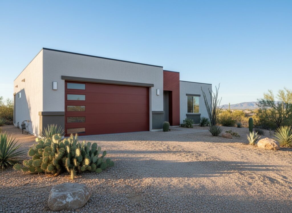 A contemporary single-story home in a desert landscape featuring a bold red horizontal-paneled garage door with vertical window accents, set against a gravel driveway and desert vegetation.