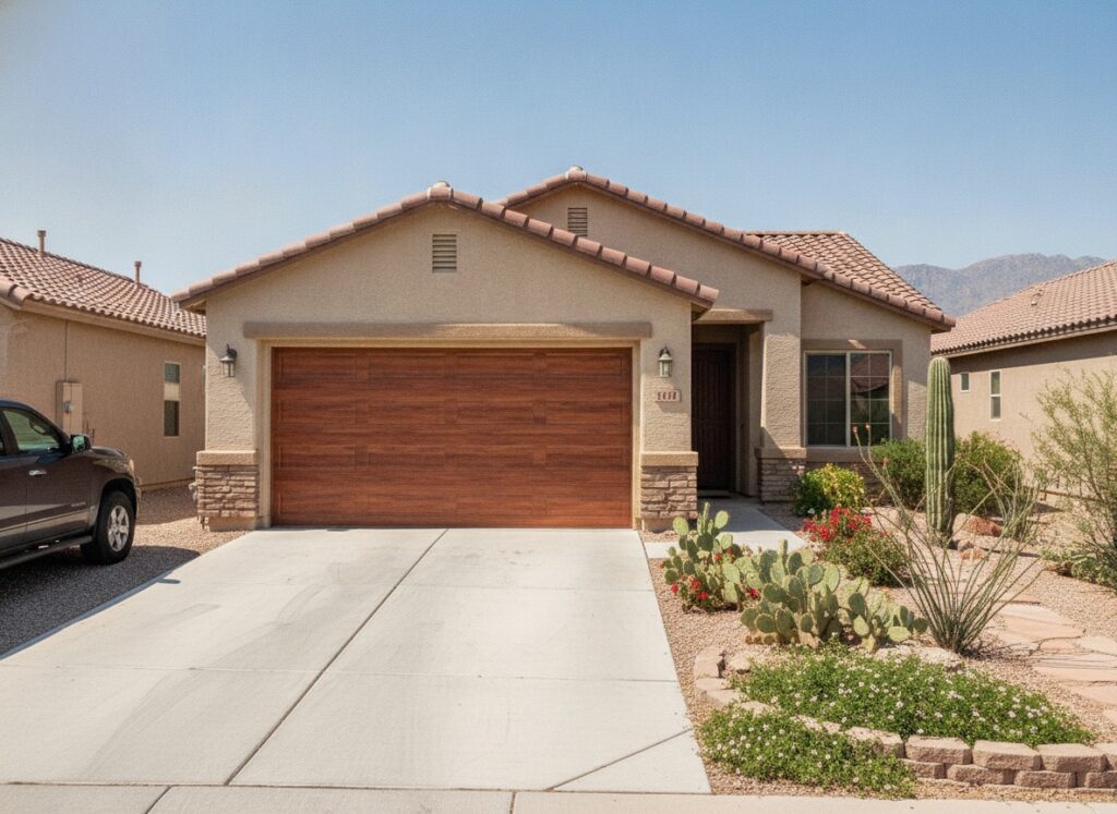Choosing the Right Garage Door Material: Without Overcomplicating It A single-story stucco home in a desert landscape featuring a brown wood-panel garage door, stone accents, and mountain views in the background.