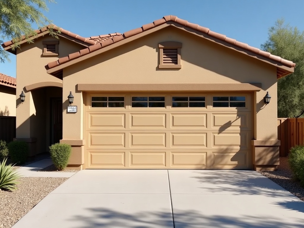 Close-up of an insulated steel garage door installed on a desert home, highlighting garage door safety features like proper clearance, weatherstripping, and panel alignment